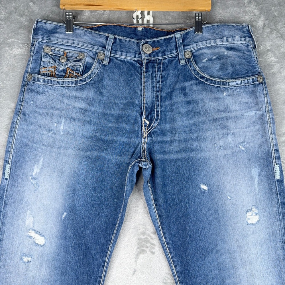 Vtg True Religion Ricky Flap Pocket Straight Leg Distressed Jeans Mens 39x33 USA